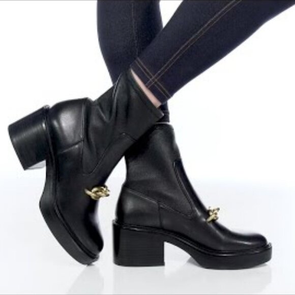 NIB$425 COACH Kenna Leather Pull-On Logo Chain Chunky Sole Heel Mid Boots 7.5 - Picture 2 of 14